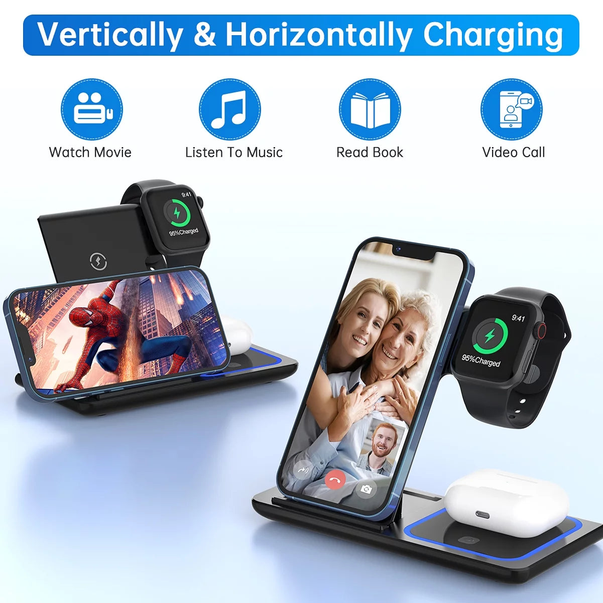 3 in 1 Wireless Charger, 18W Fast Charging Station for Iphone 15/14/13/12 /11/Pro Max/12 Pro /Xr,Wireless Charging Stand for Iwatch Series SE 9/8/7/6/5/4/3, Airpods Pro/3/2 (With QC3.0 Adapter)