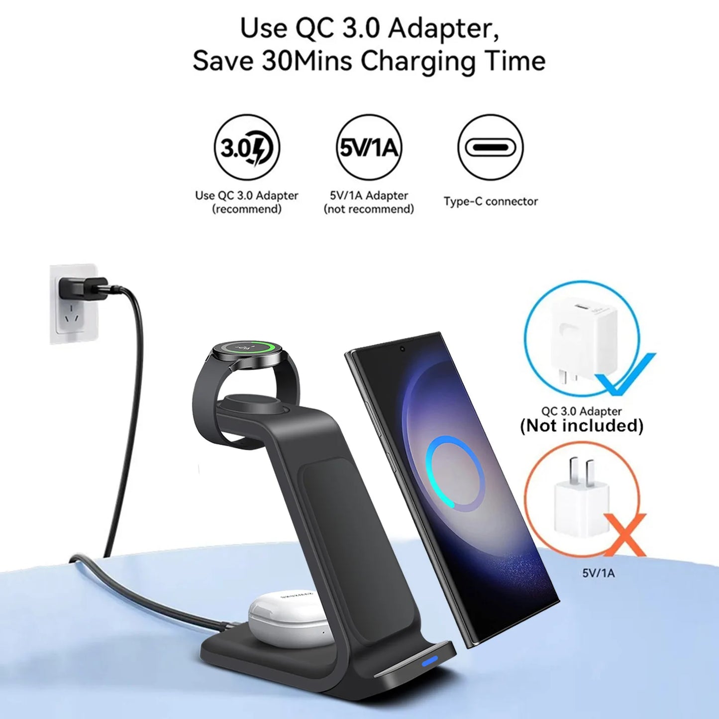 Wireless Charging Station for Samsung Charger 3 in 1 for Galaxy S23 Ultra/S22/S21/Note 20/10, Galaxy Watch 6/5/Pro/4, Buds 2 Pro